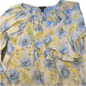 Chaps Shirt Womens XL Blue Floral Keyhole Bell Sleeve‎ Georgette Peasant Blouse